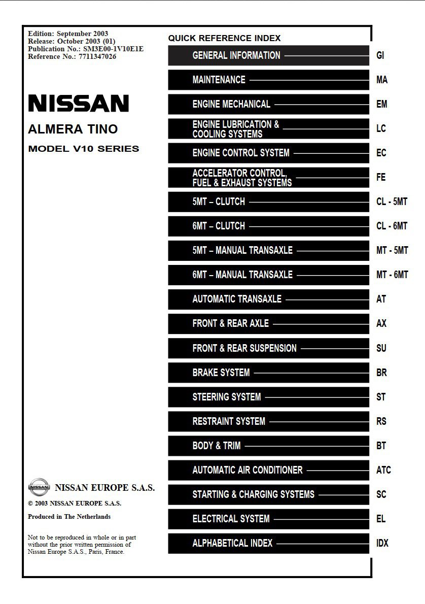nissan almera tino v10 series 2003 service manual
