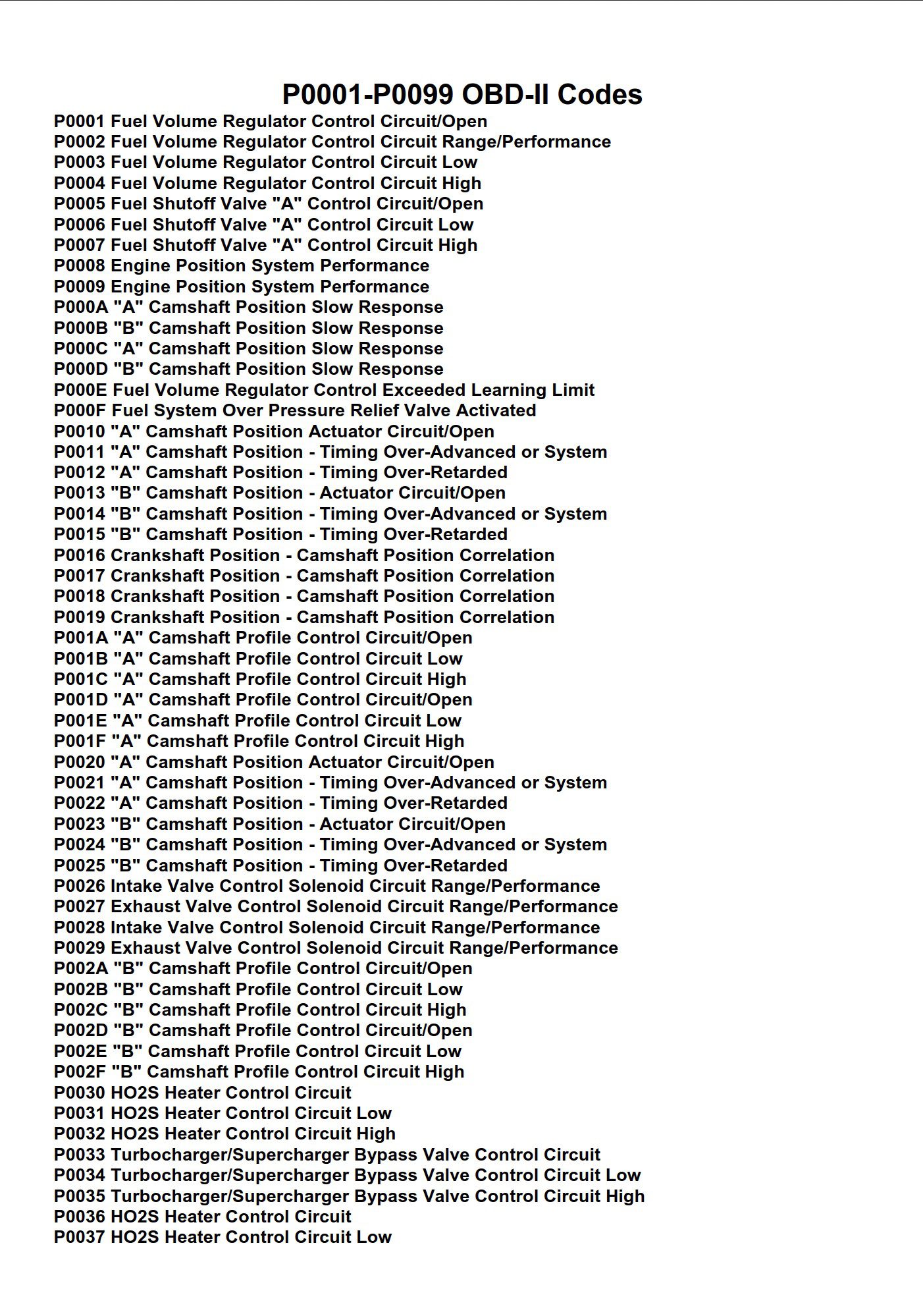 p0001 p0099 obd ii codes