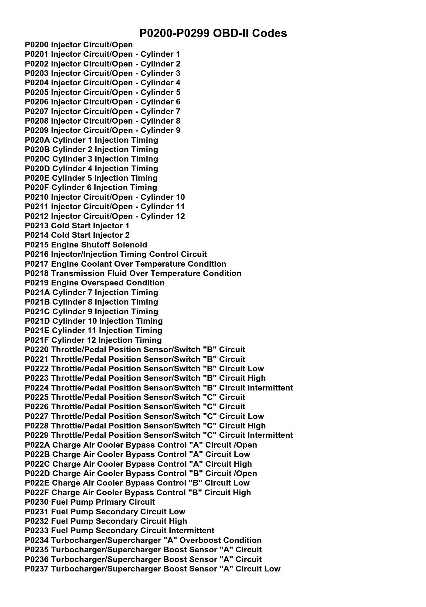 p0200 p0299 obd ii codes
