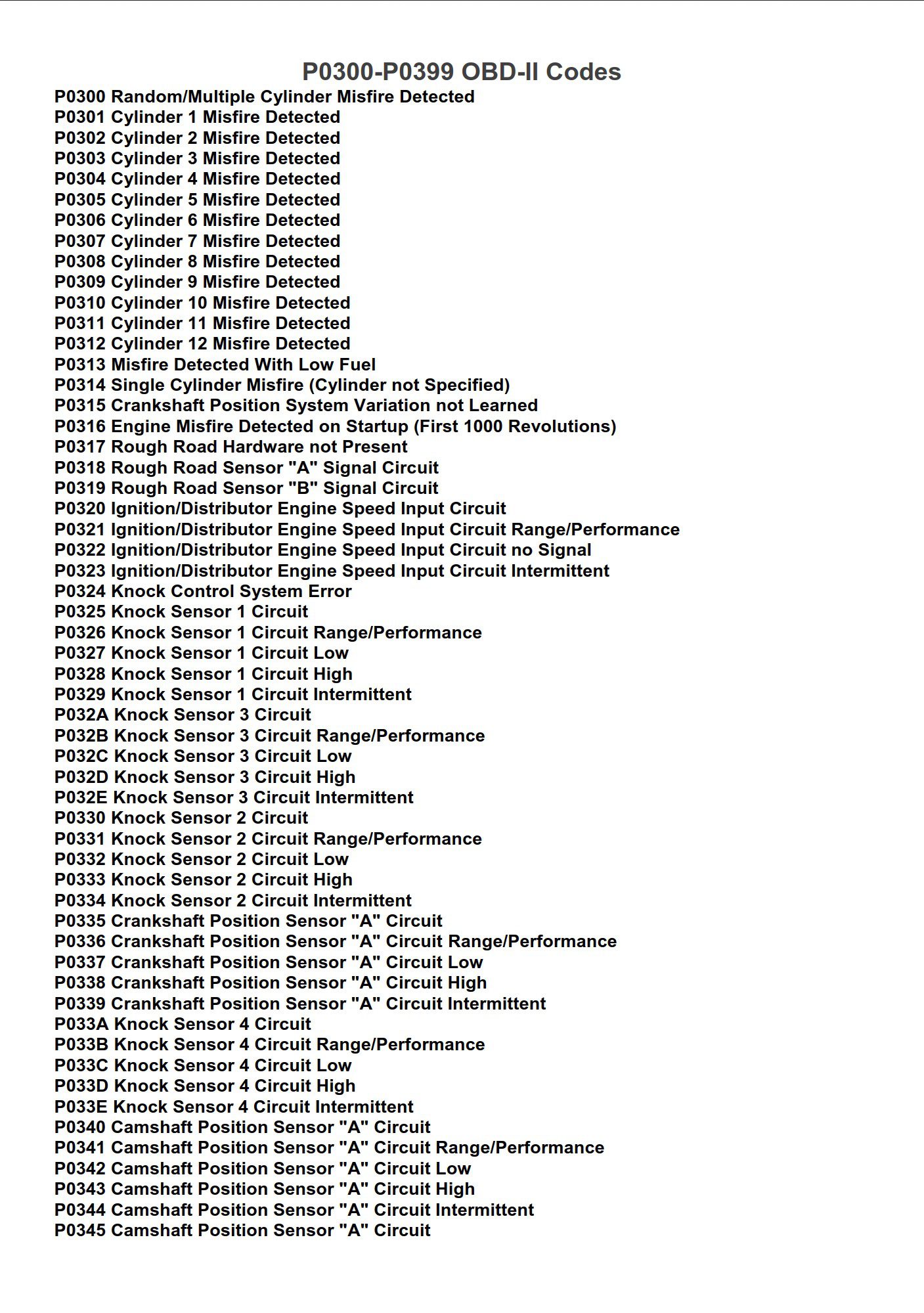 p0300 p0399 obd ii codes