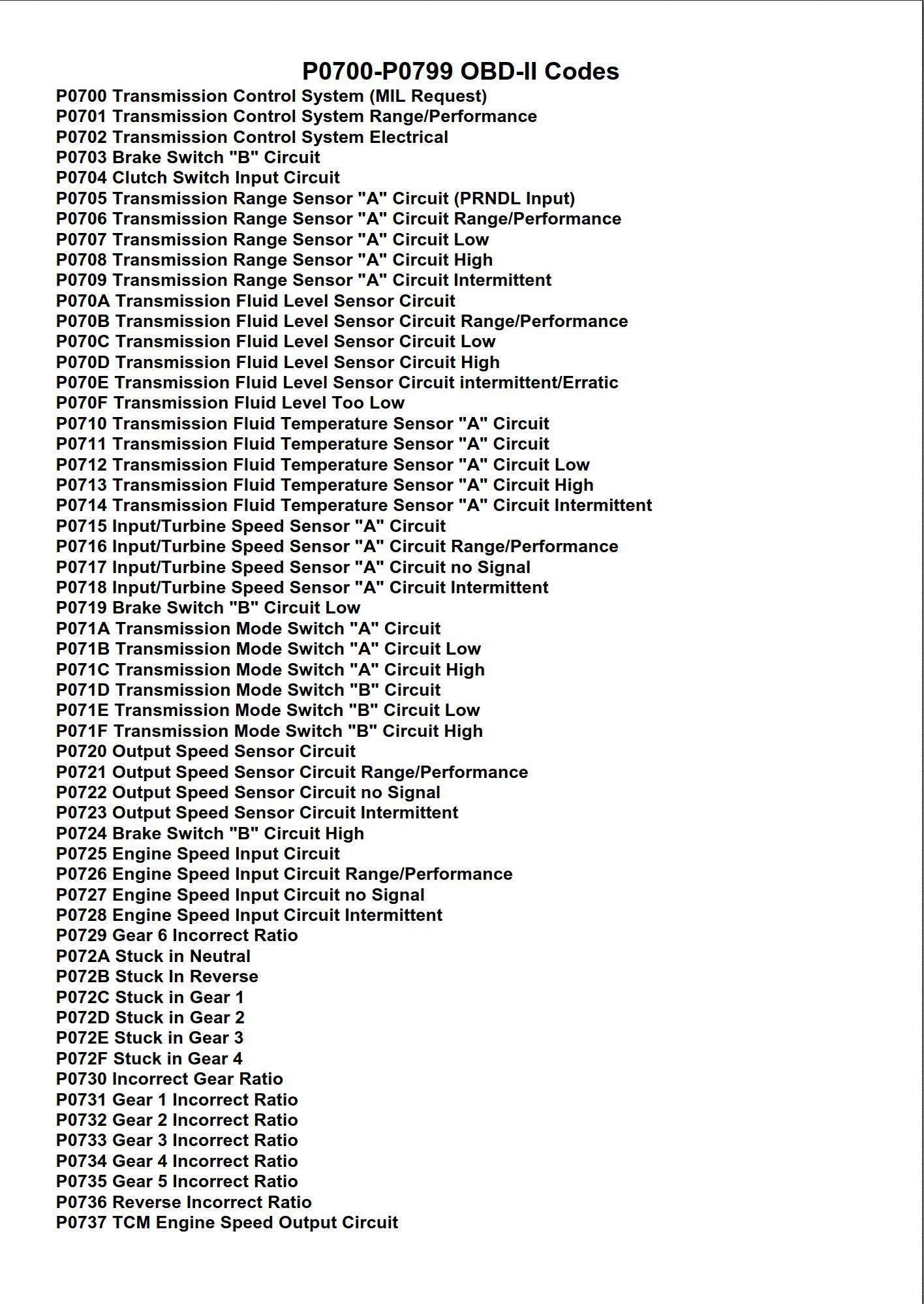 p0700 p0799 obd ii codes