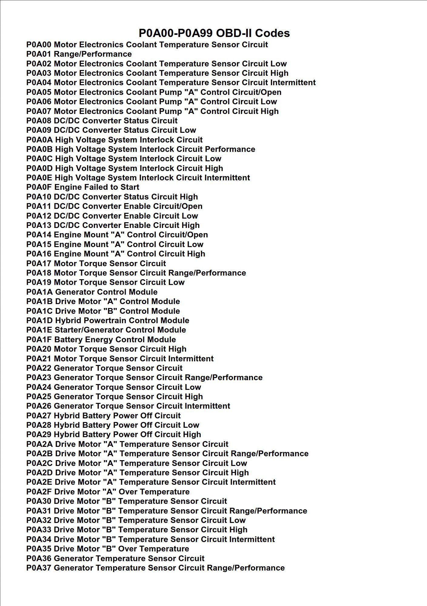 p0a00 p0a99 obd ii codes