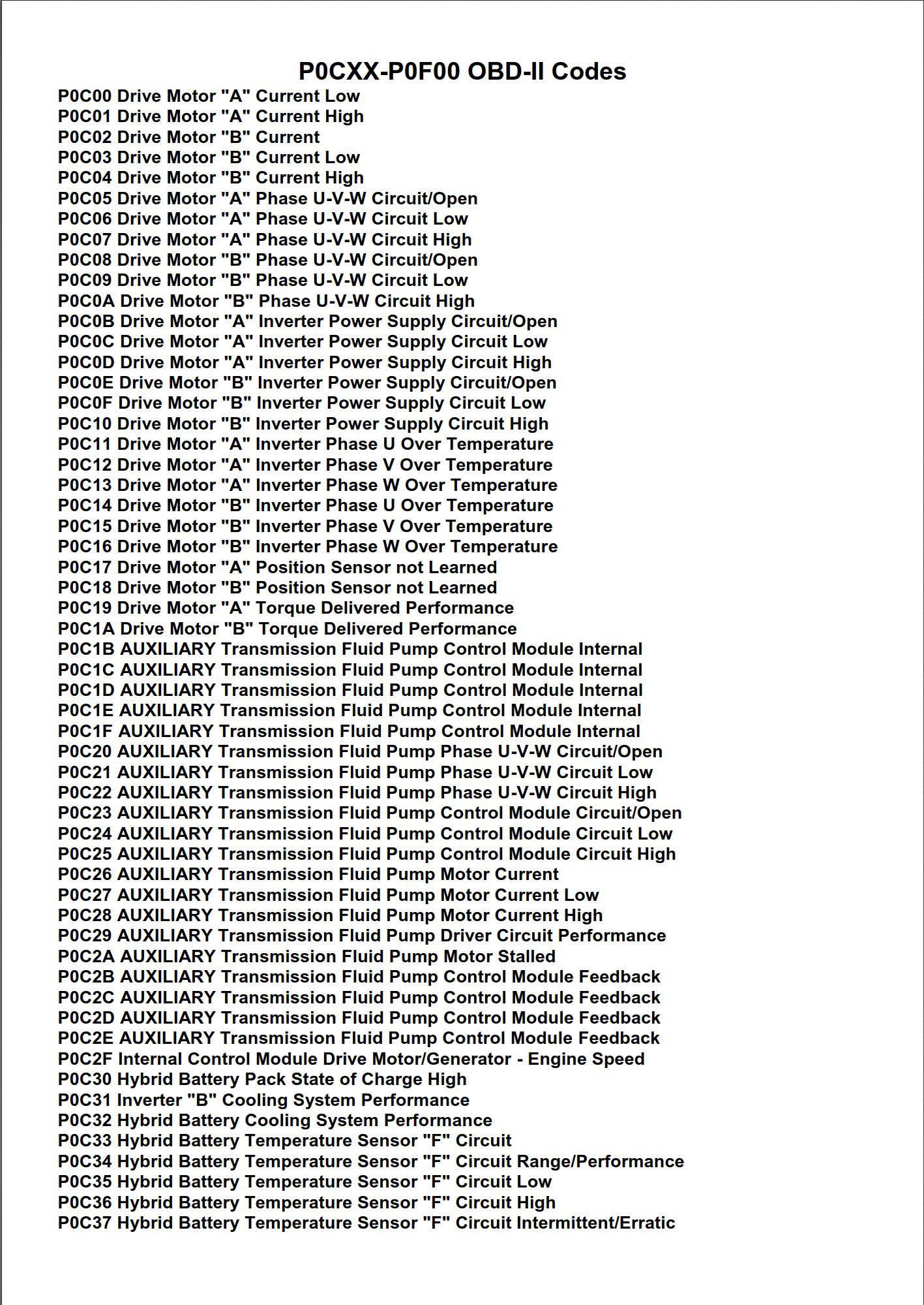 p0cxx p0f00 obd ii codes