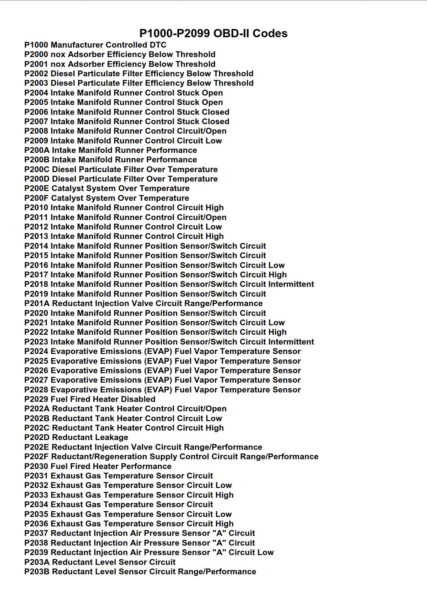 p1000 p2099 obd ii codes