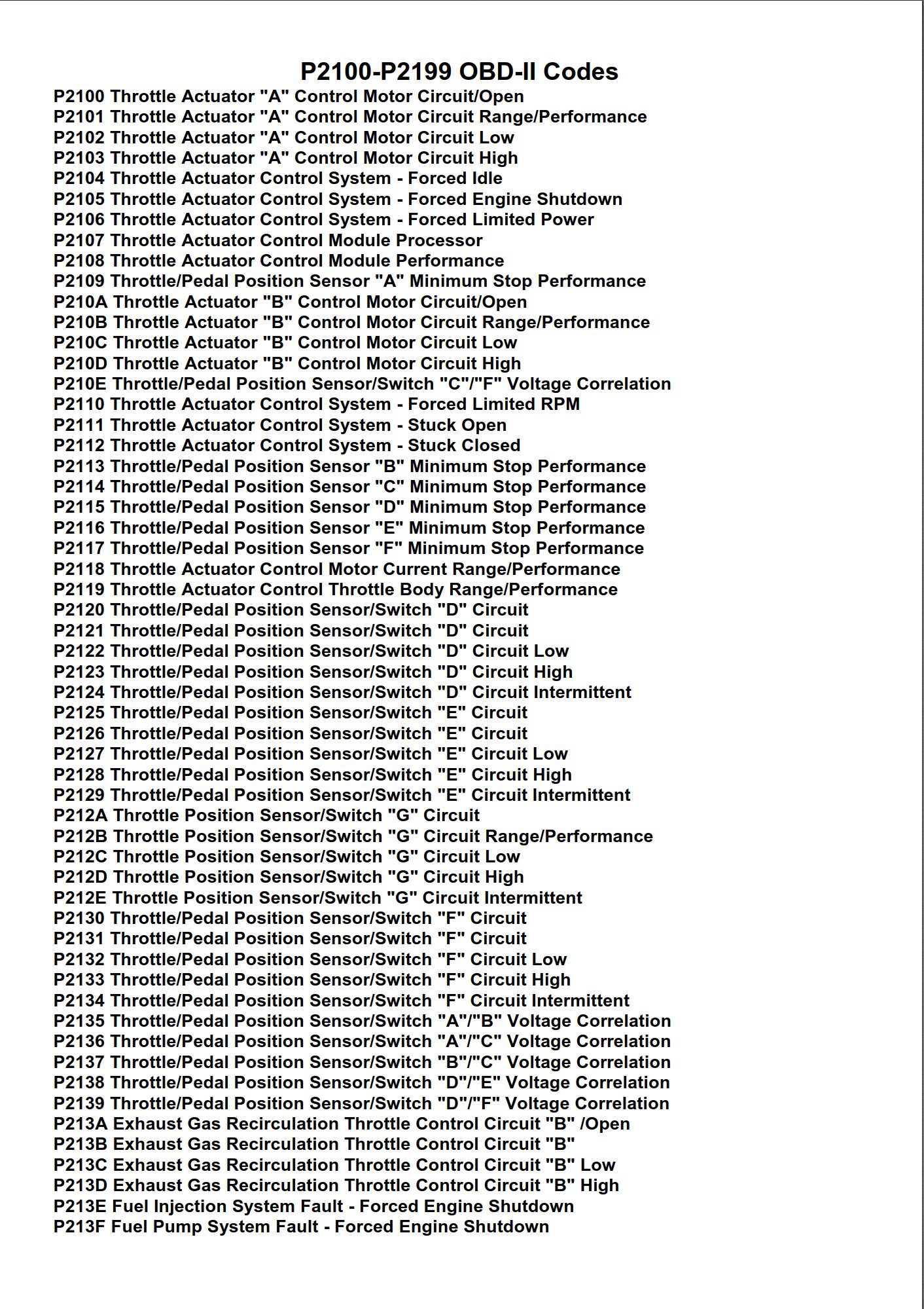 p2100 p2199 obd ii codes