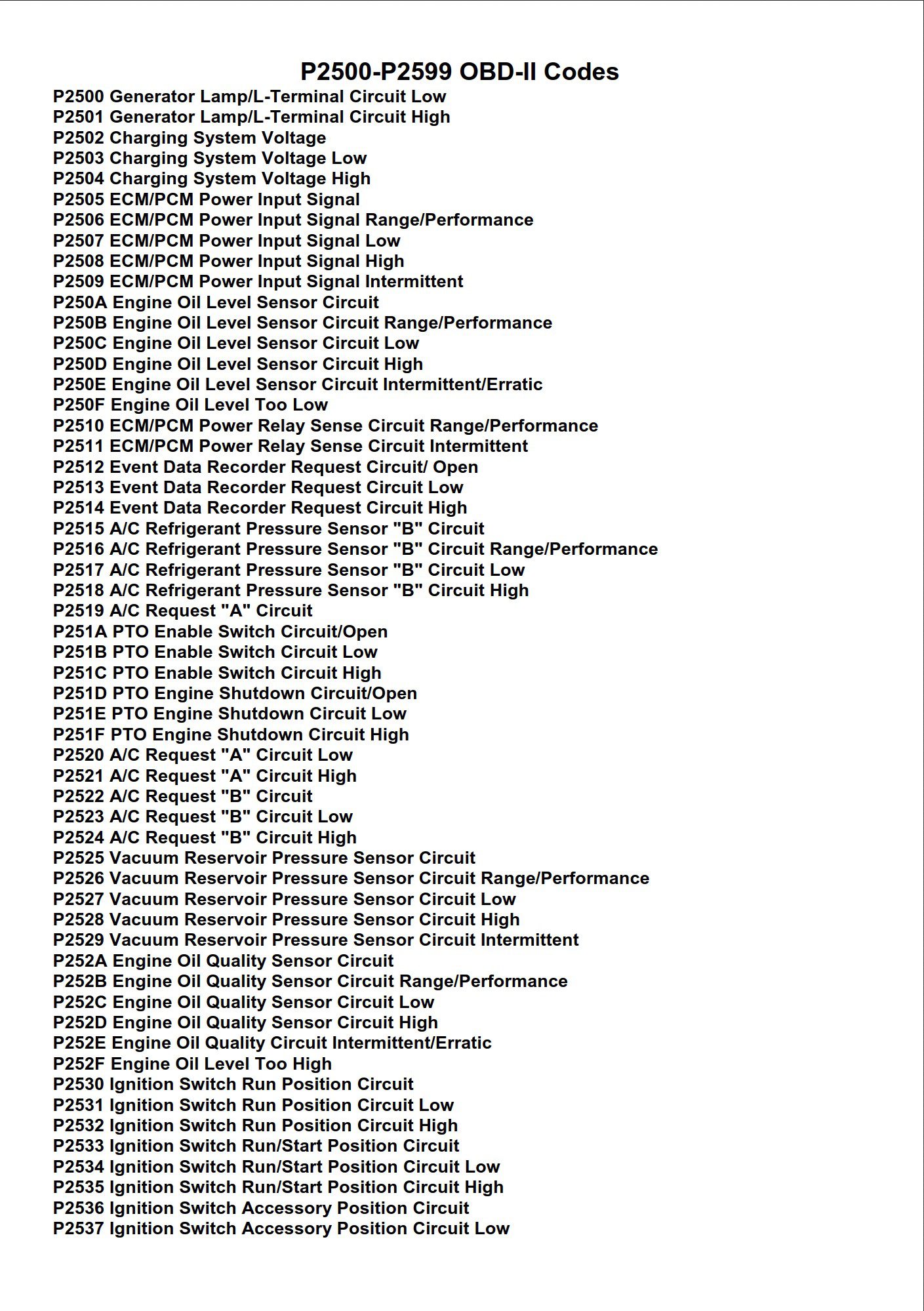 p2500 p2599 obd ii codes