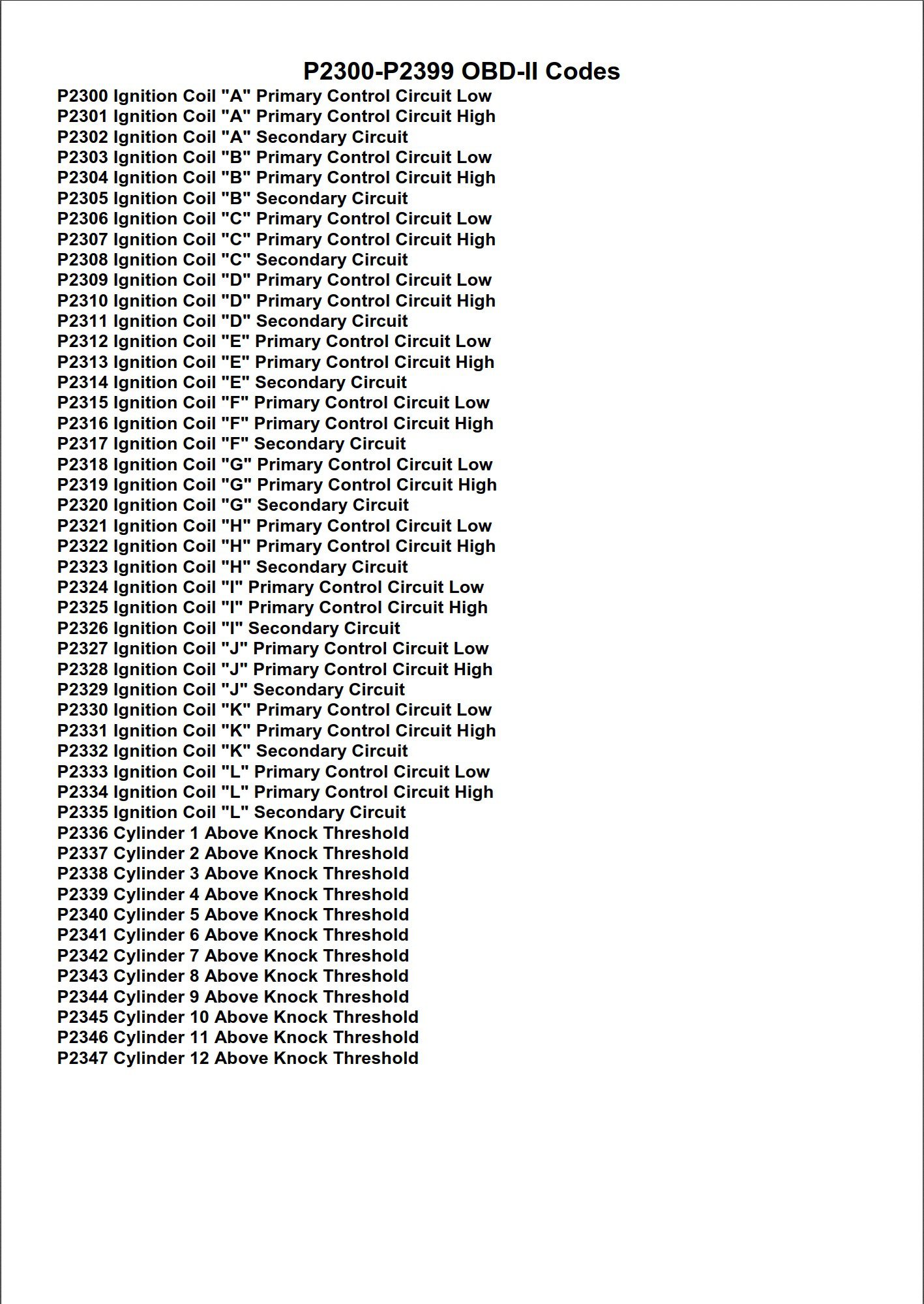 p2600 p2699 obd ii codes