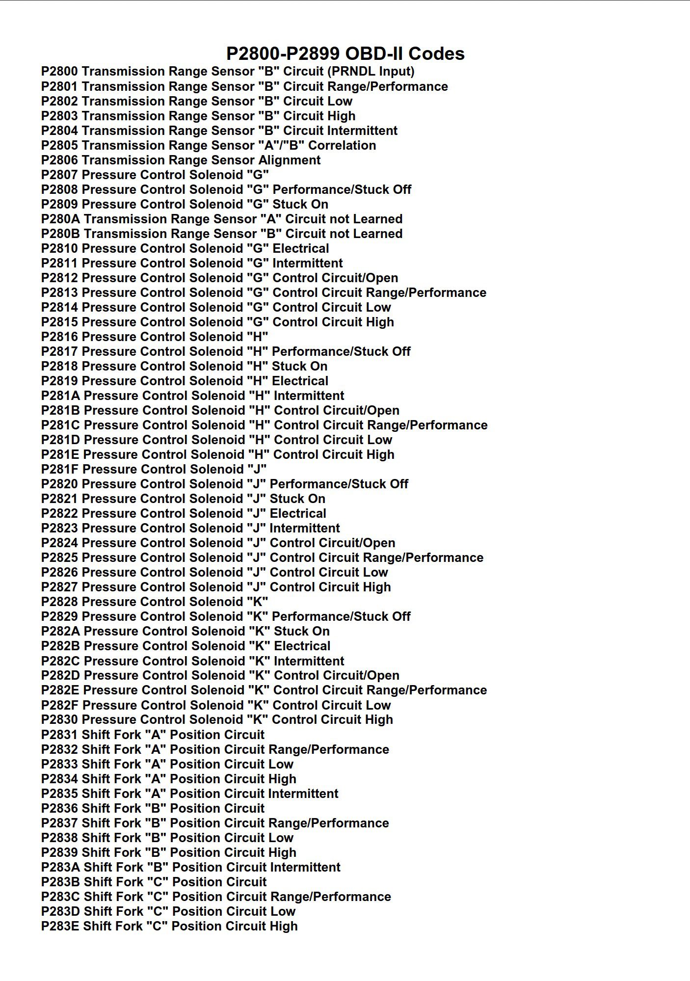 p2800 p2899 obd ii codes