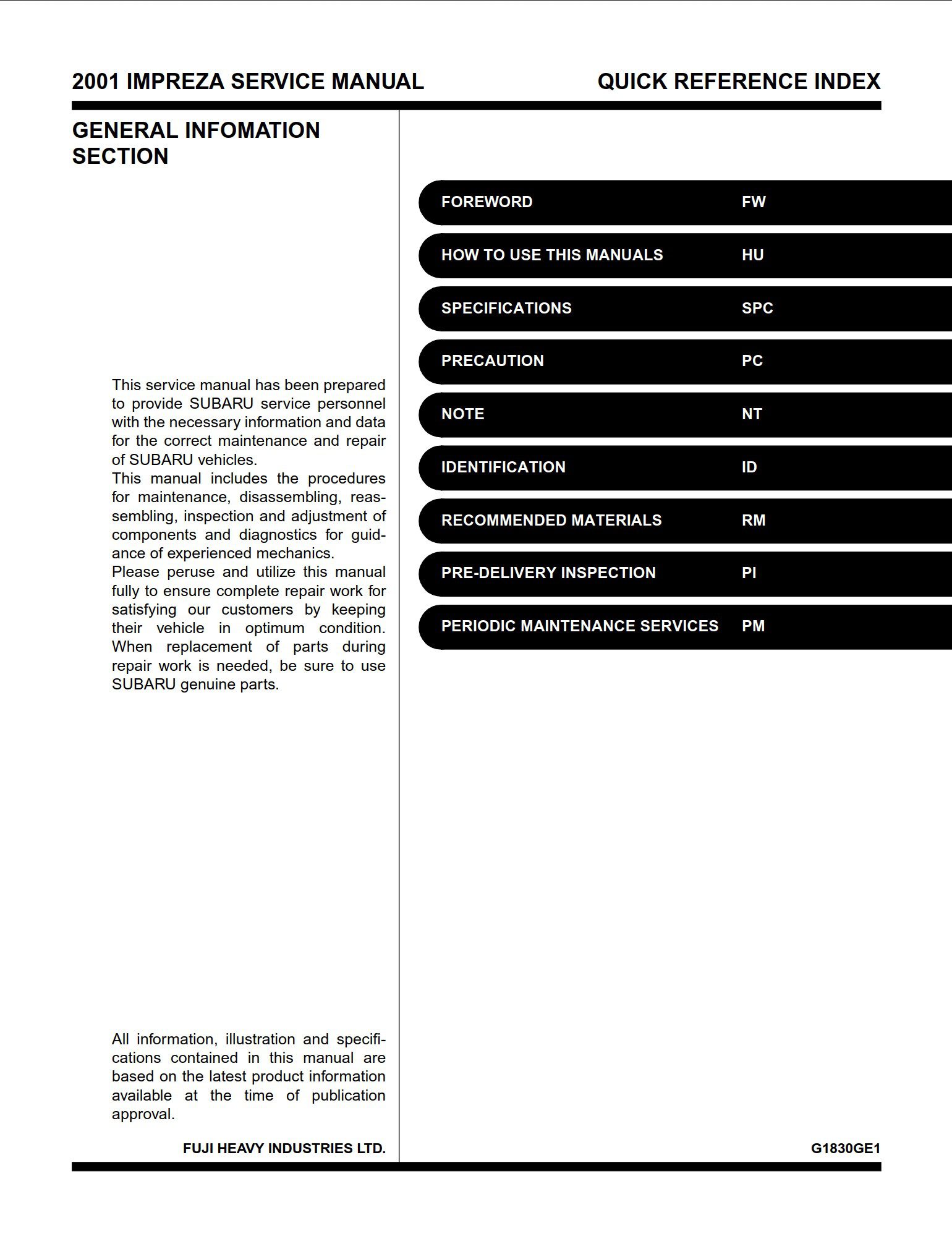 subaru impreza 2001 service manual