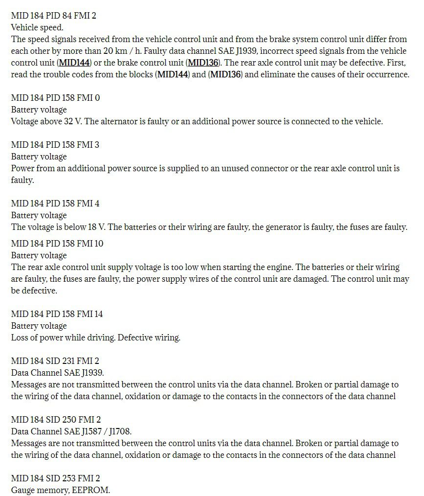 volvo mid 184 fault codes dtc