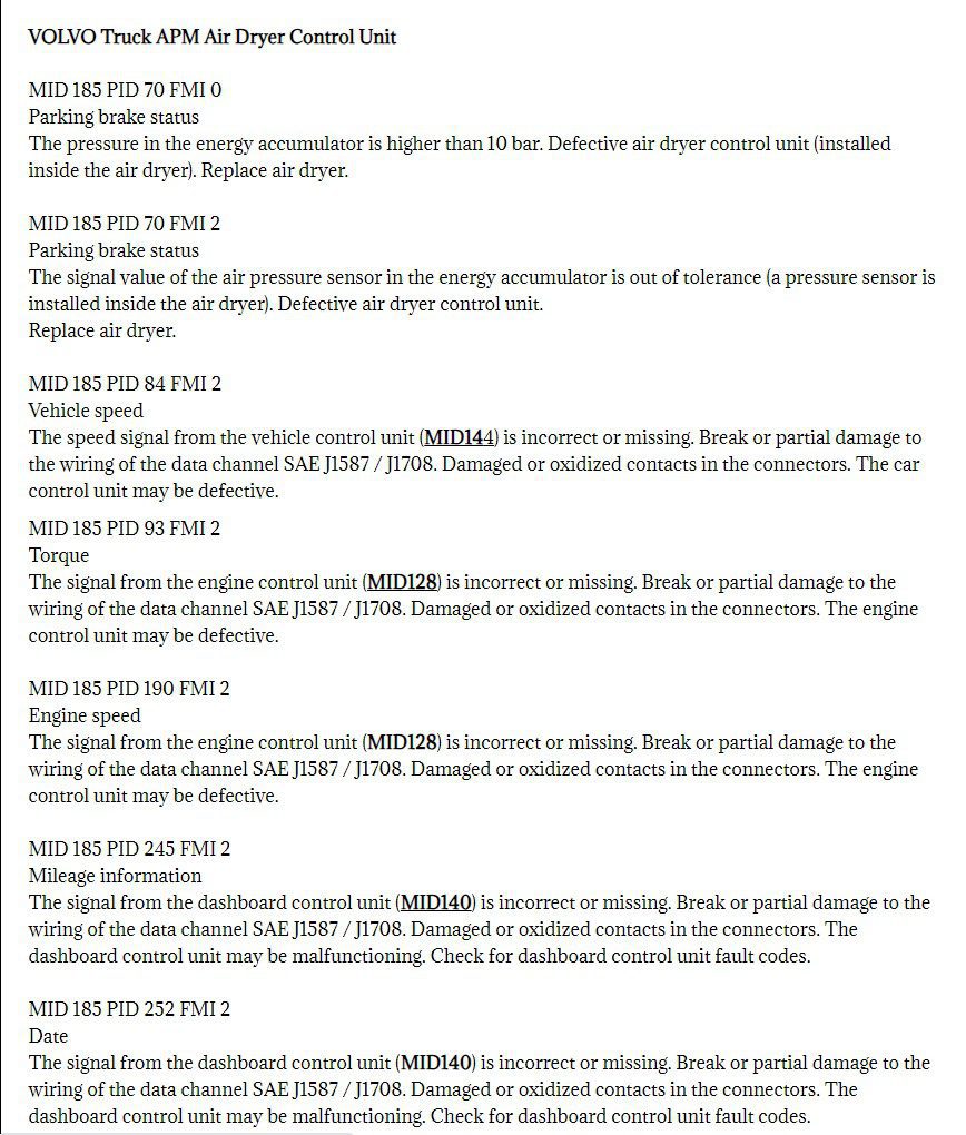 volvo mid 185 fault codes dtc