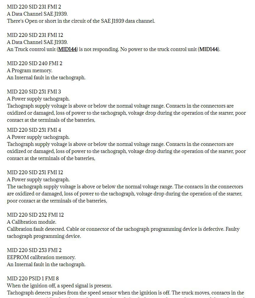 volvo mid 220 fault codes dtc