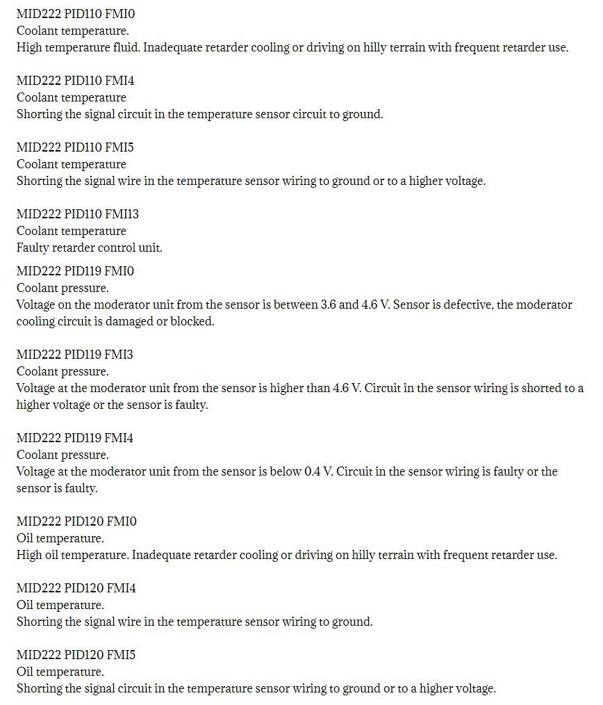 volvo mid 222 fault codes dtc
