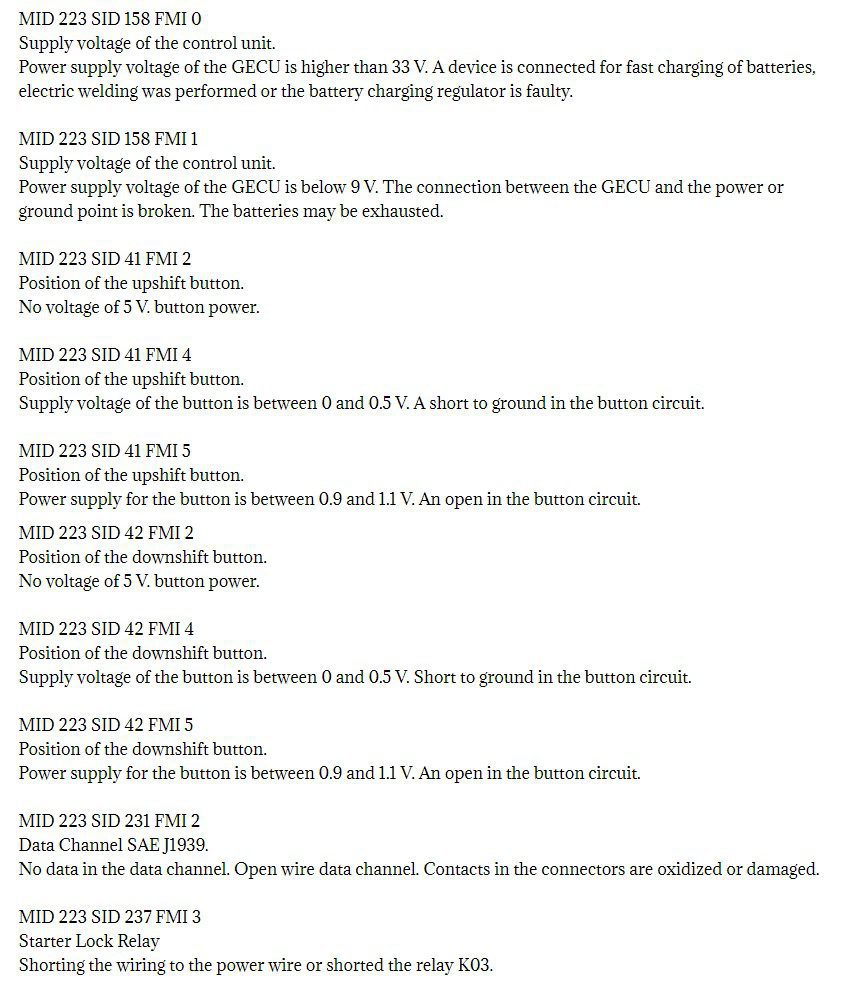 volvo mid 223 fault codes dtc