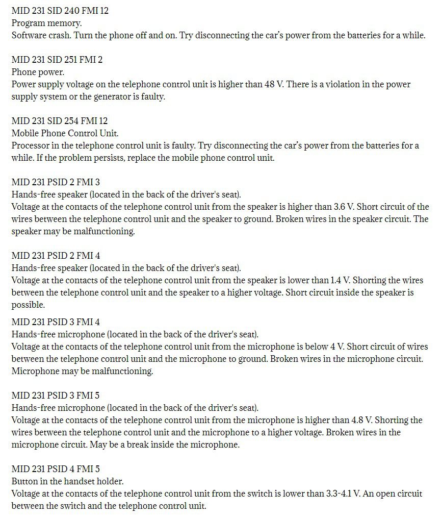 volvo mid 231 fault codes dtc