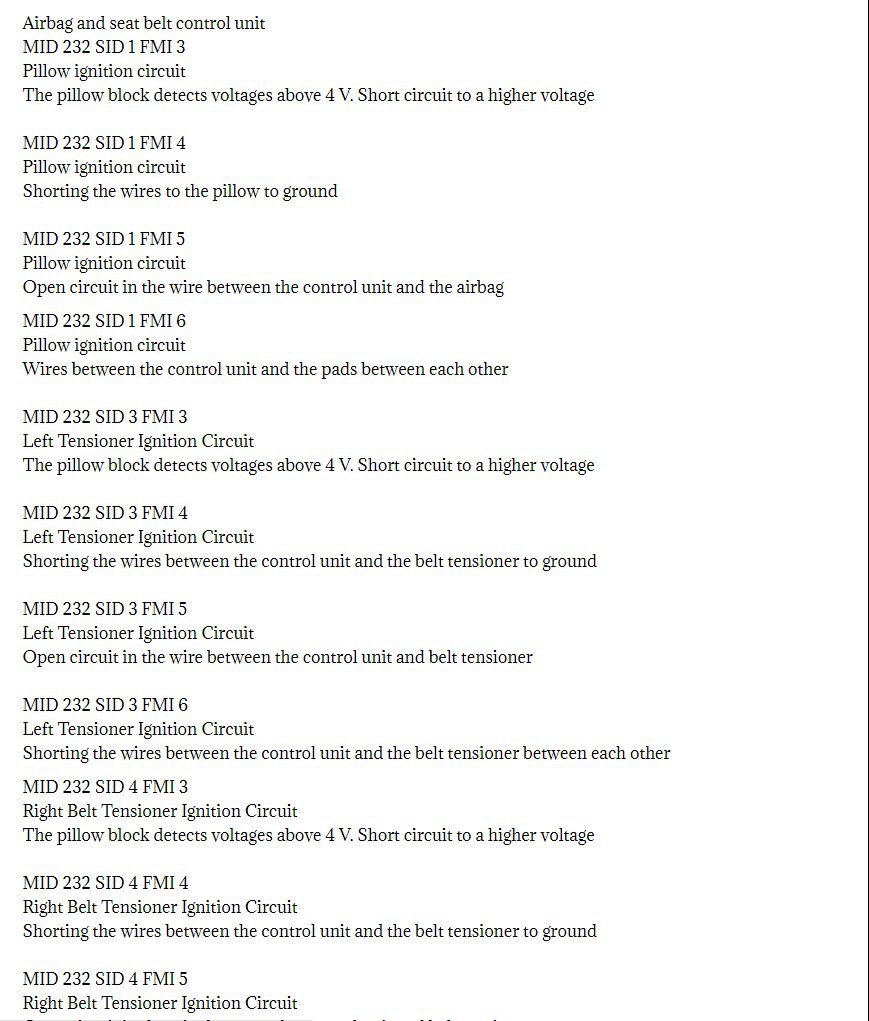 volvo mid 232 fault codes dtc
