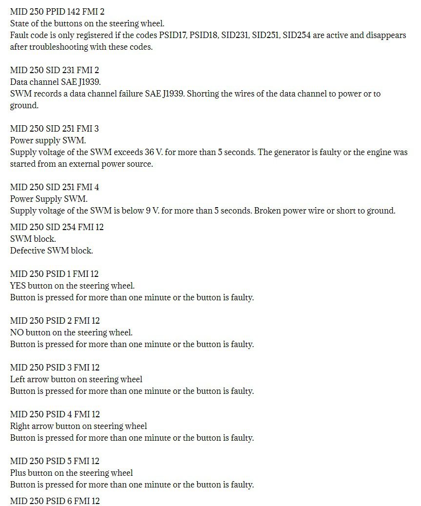 volvo mid 250 fault codes dtc