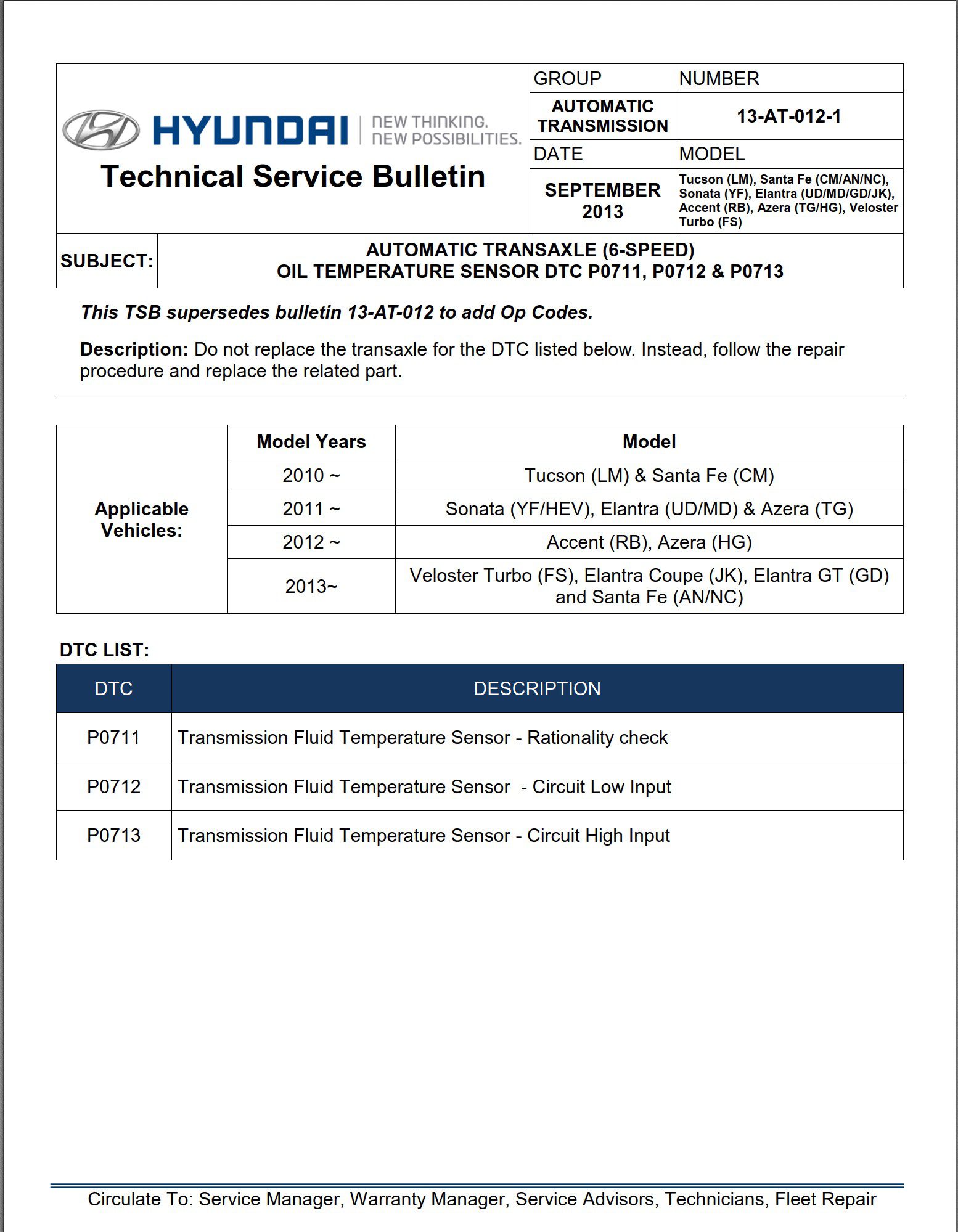 Hyundai AT Error Technical Service Bulletin Comprehensive Solutions