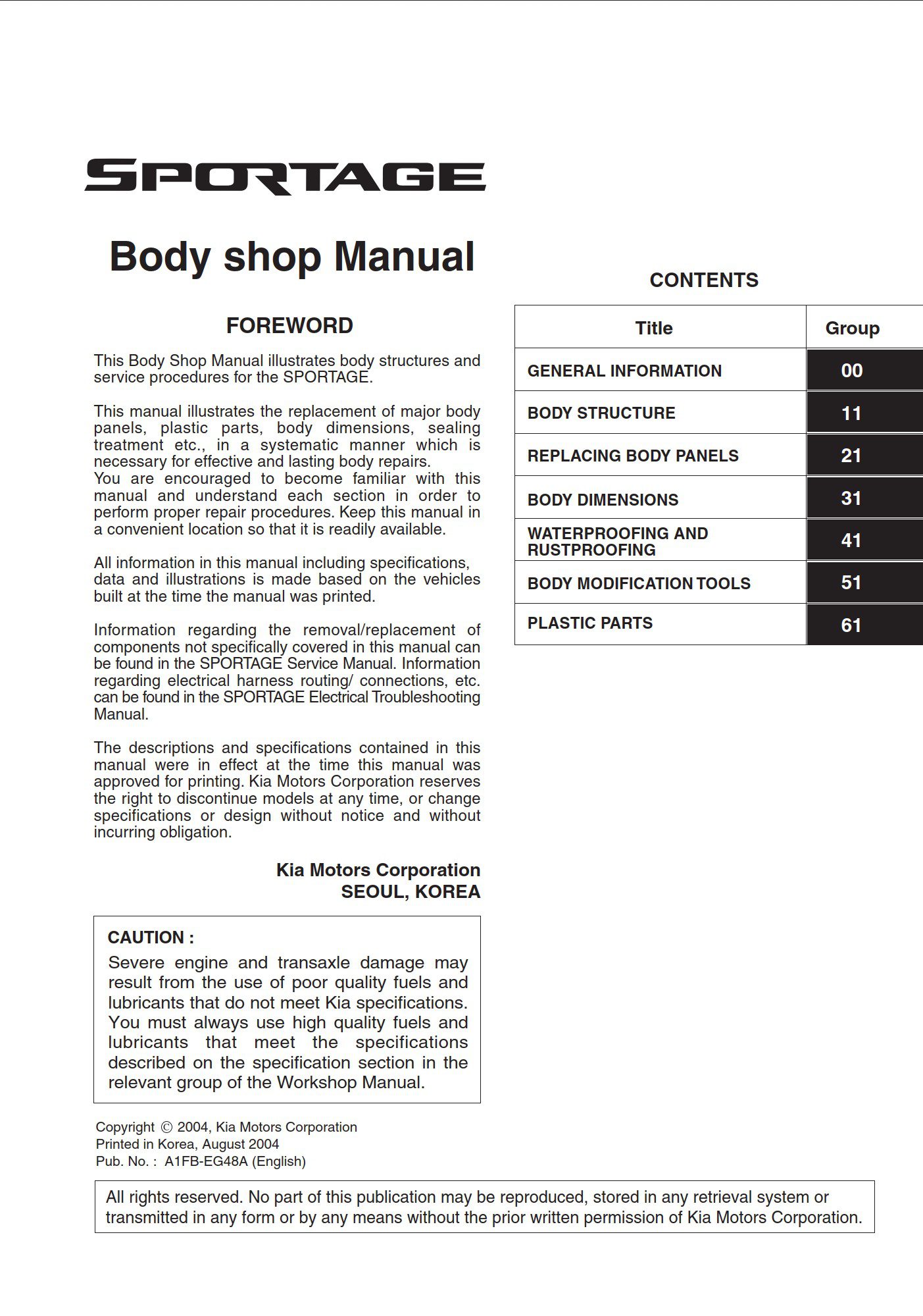 kia sportage 2004 body repair workshop manual