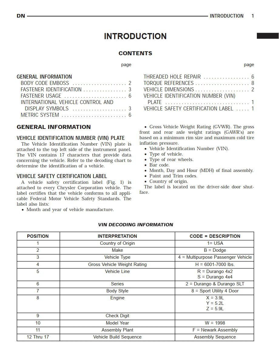 dodge durango 1998 workhop repair manual
