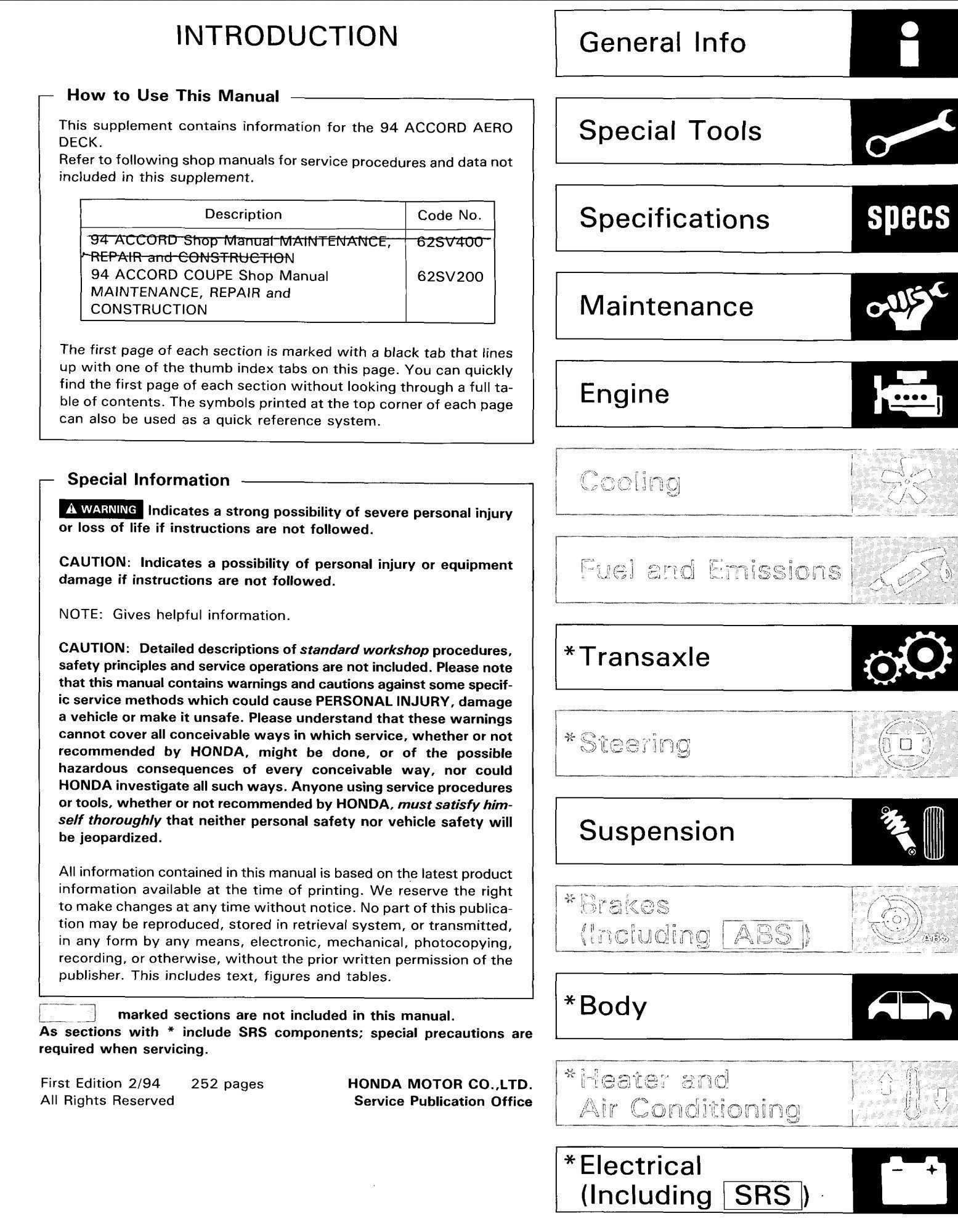 honda accord aerodeck 1994 accord wagon supplement (62sv400) service manual