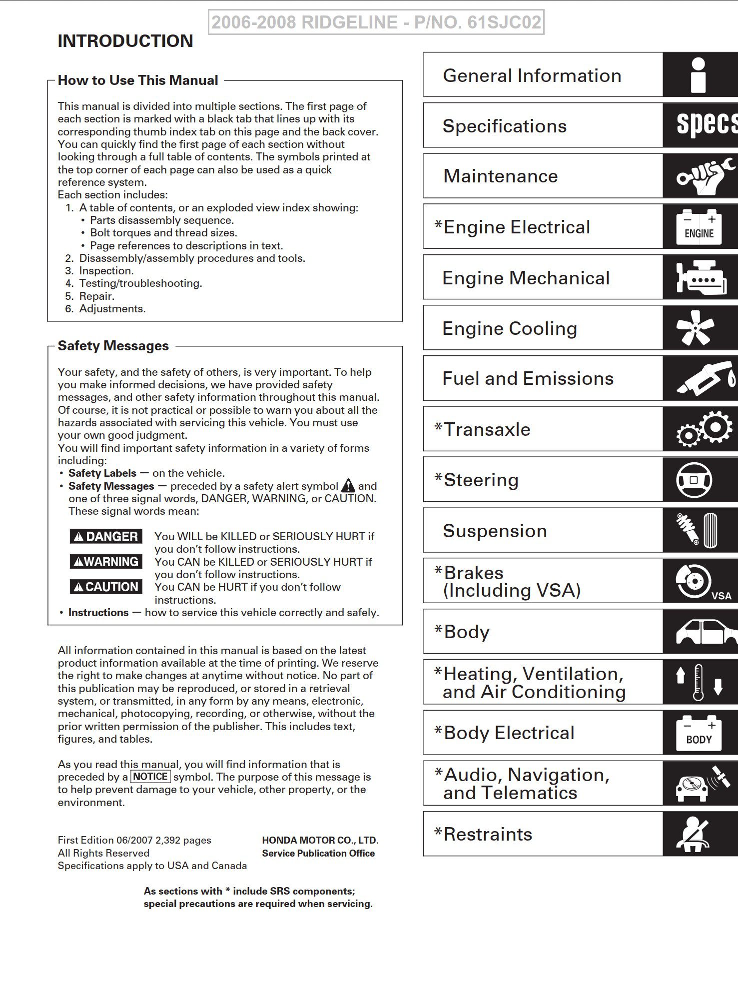 honda ridgeline 2006 2008 workshop manual