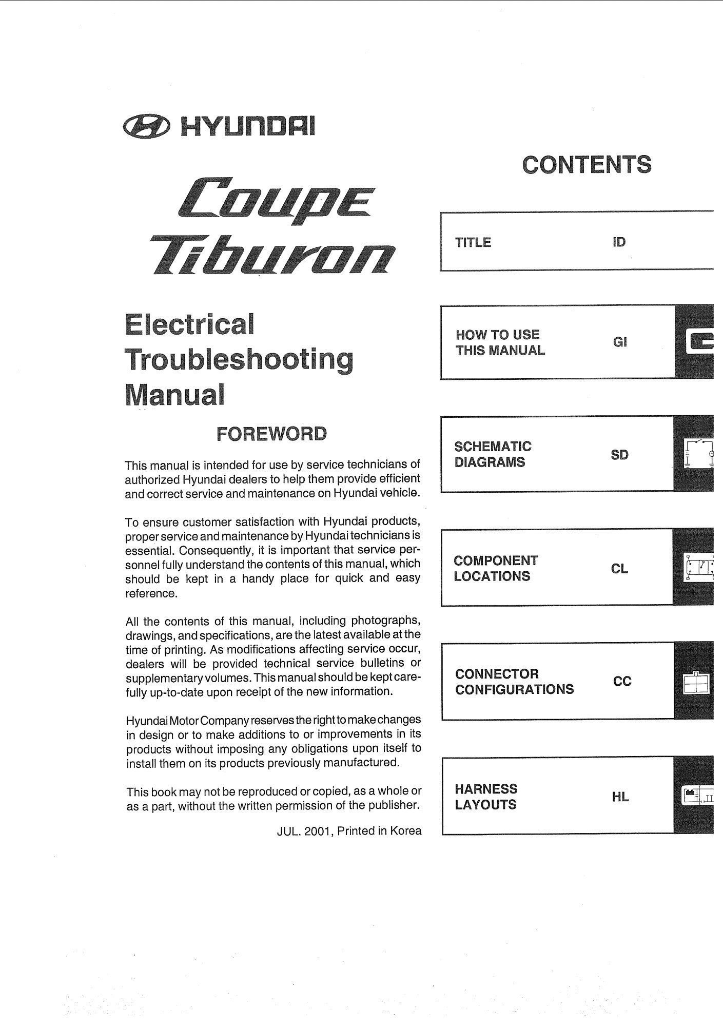 hyundai tiburon 2001 electronics technicals manual