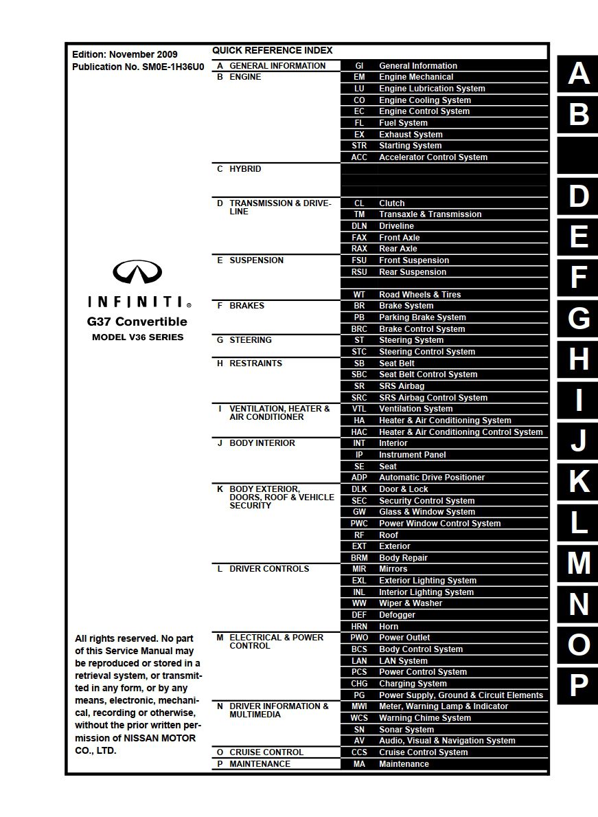 infiniti g37 convertible 2010 workshop manual