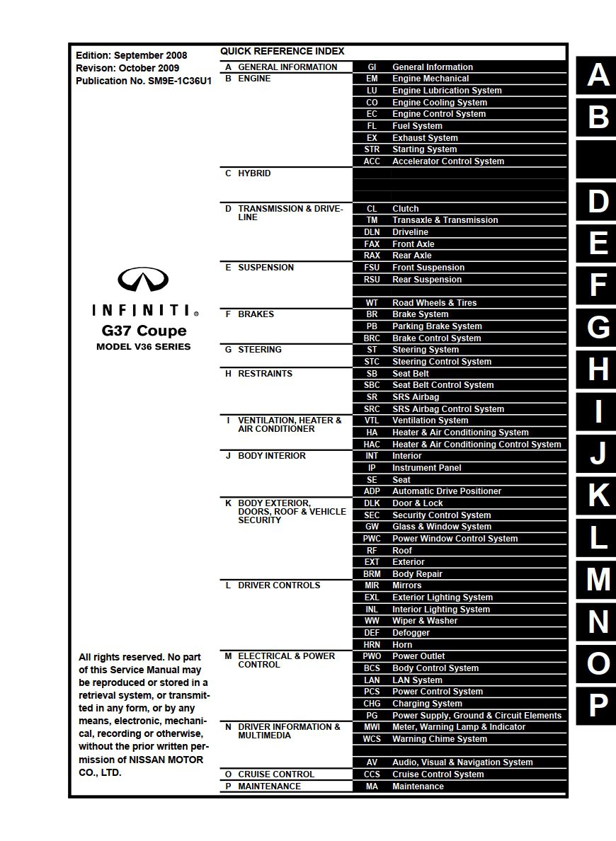 infiniti g37 coupe 2009 workshop manual