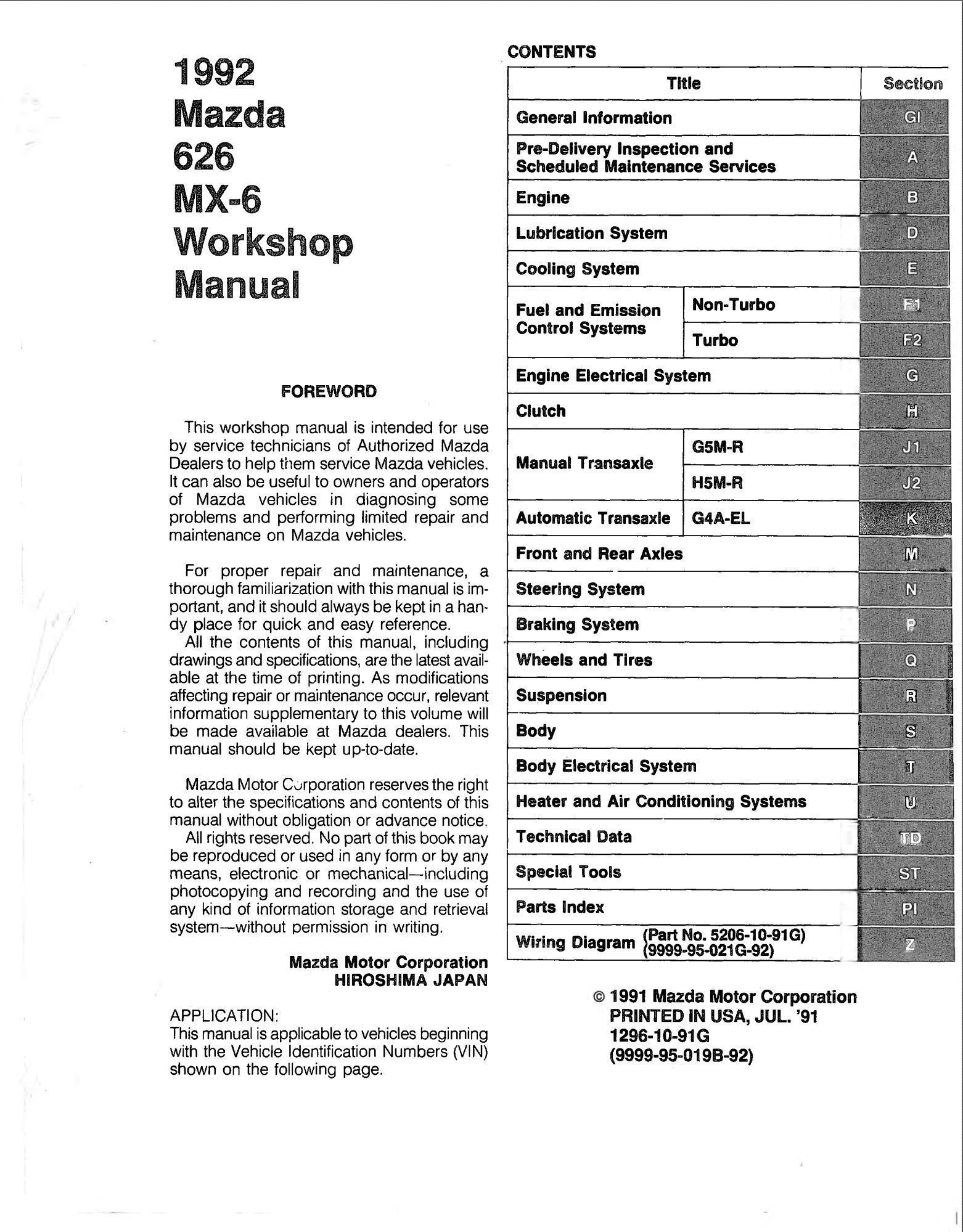 mazda 626 1992 workshop manual
