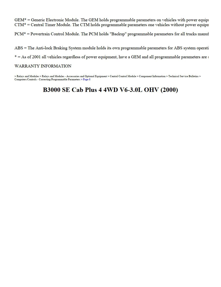 mazda b series 2000 b3000 se cab plus 4wd v6 3.0l ohv workshop manual