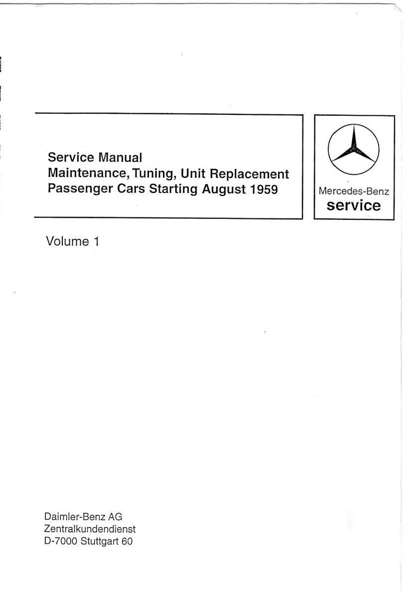 mercedes 200 1959 1967 workshop manual volume i