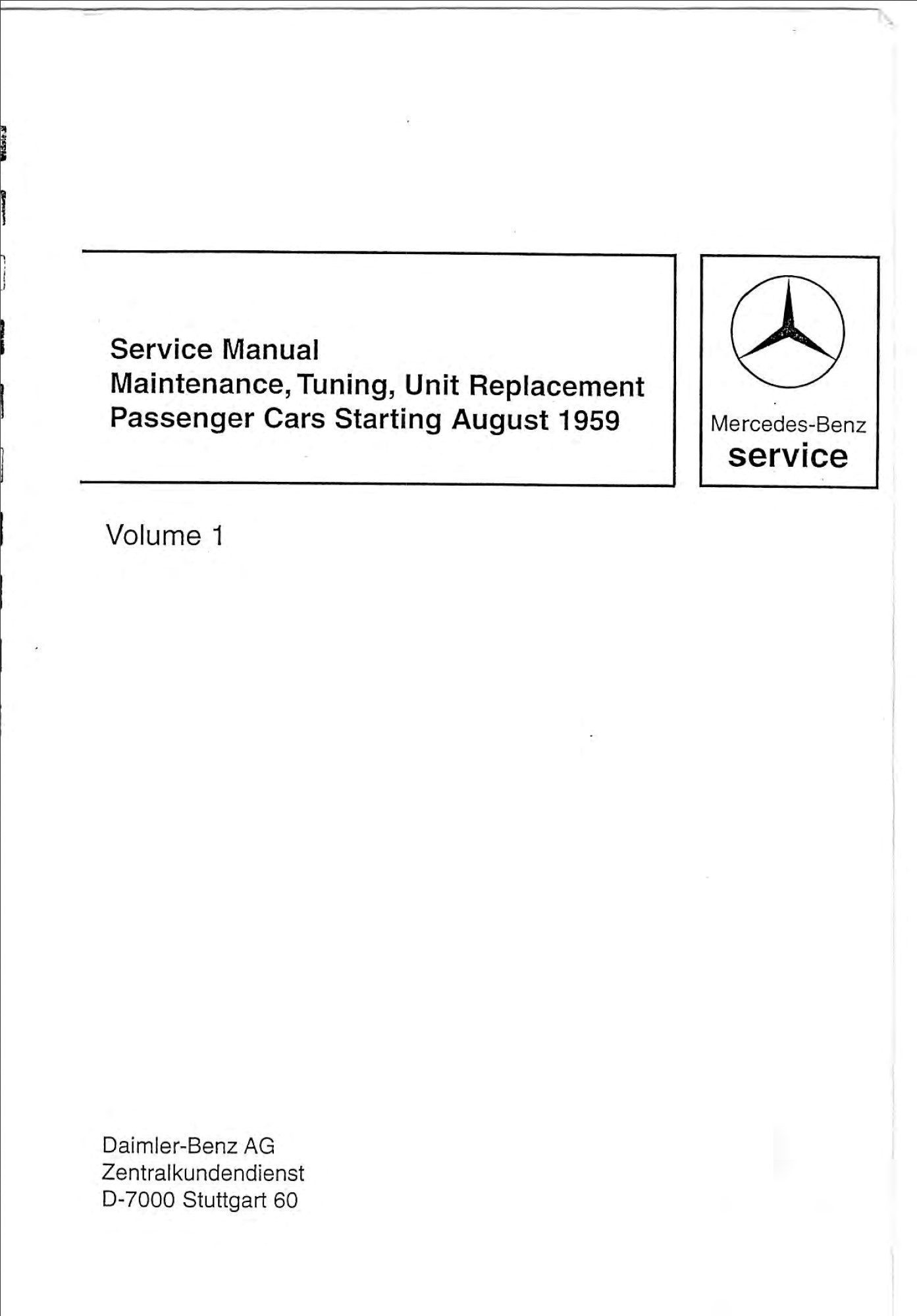 mercedes 220 1959 1967 workshop manual volume i