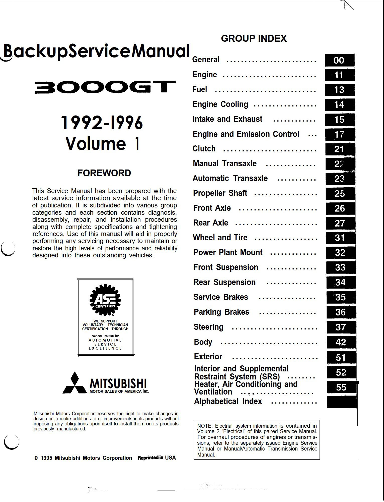 mitsubishi 3000 gt 1992 1996 volume i workshop manual