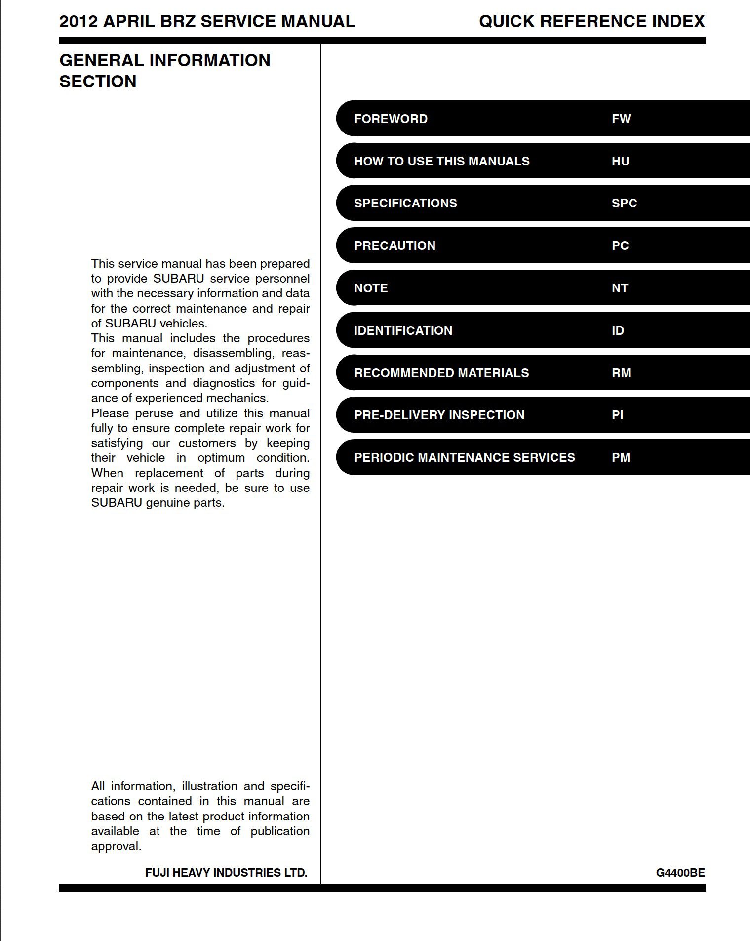 subaru brz 2012 workshop manual