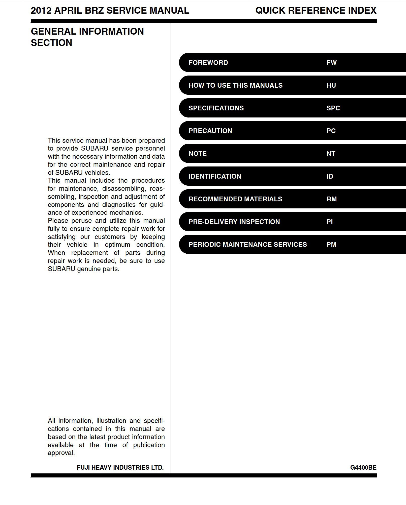 subaru brz 2013 workshop manual