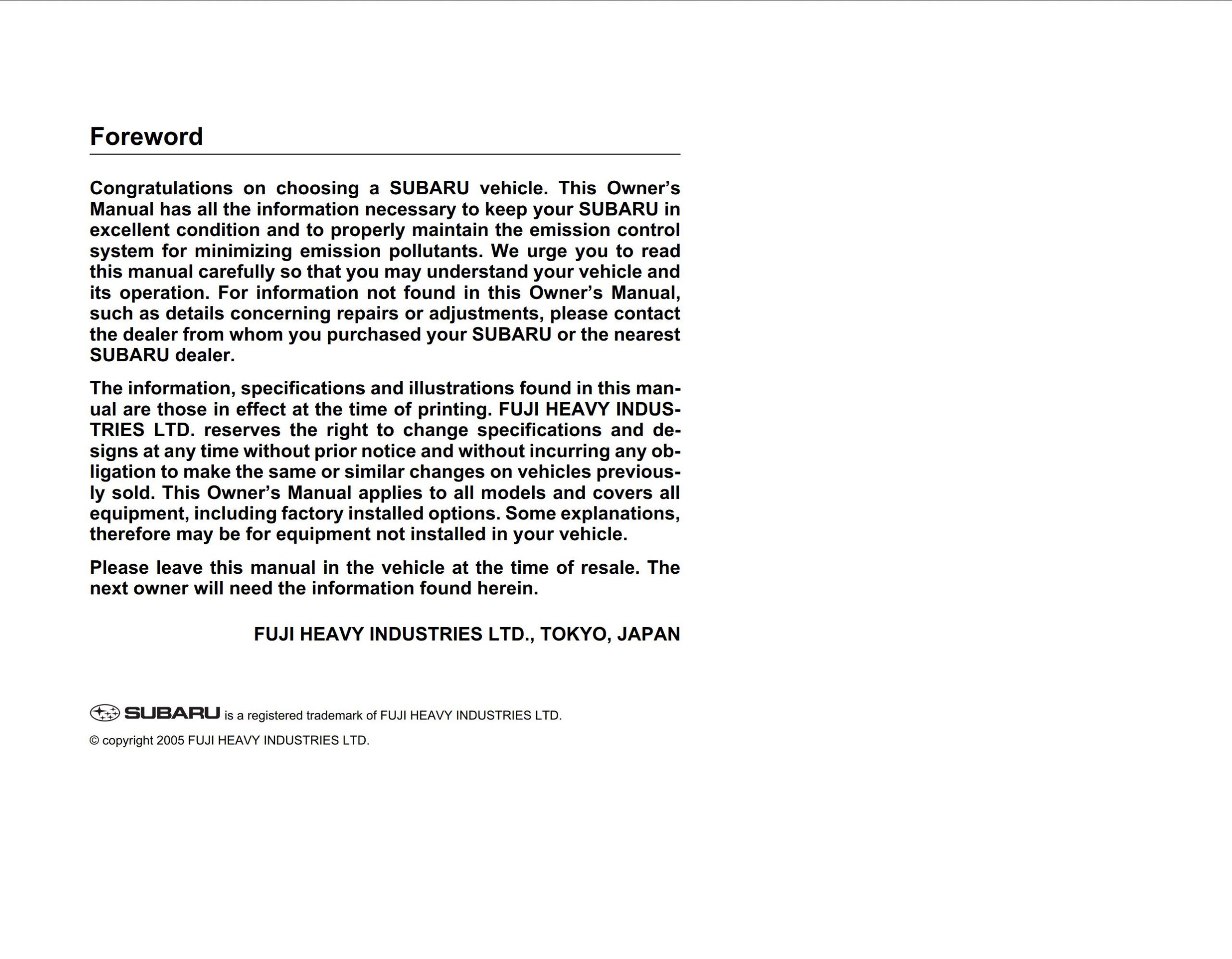 subaru tribeca 2006 workshop manual