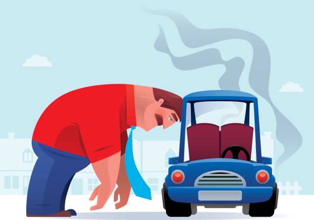 vector illustration of sad businessman heading on breakdown car