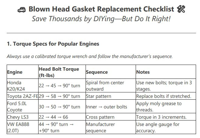 head gasket replacement checklist