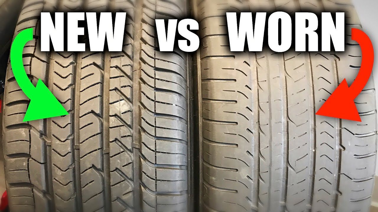 new tire vs. worn tire with uneven tread.