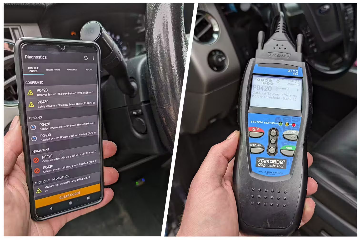obd ii scanner plugged into a car’s port with common codes displayed.