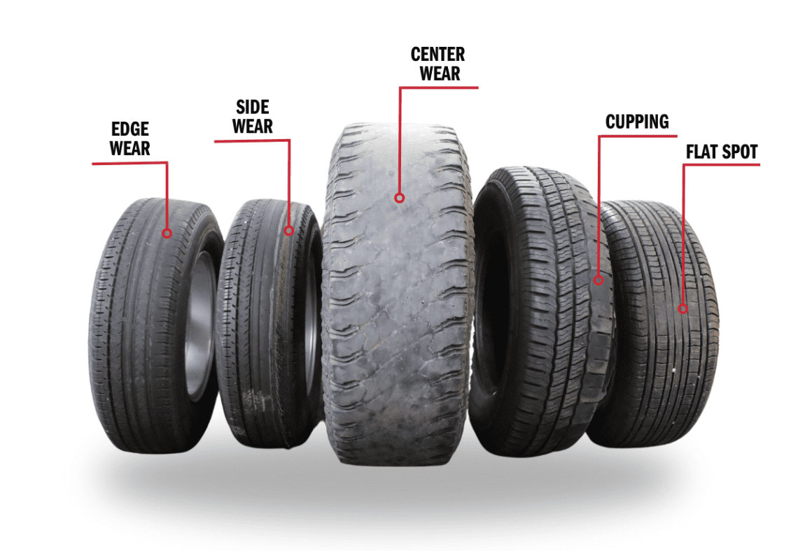tire wear patterns (feathering vs. camber wear).