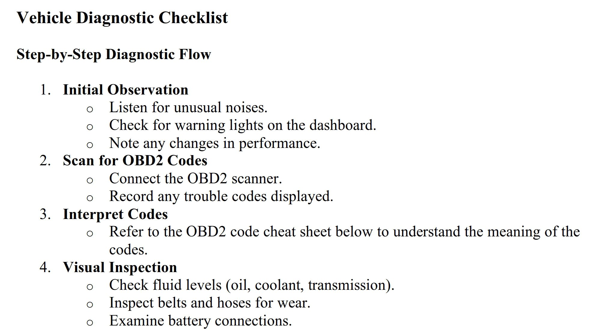 vehicle diagnostic checklist