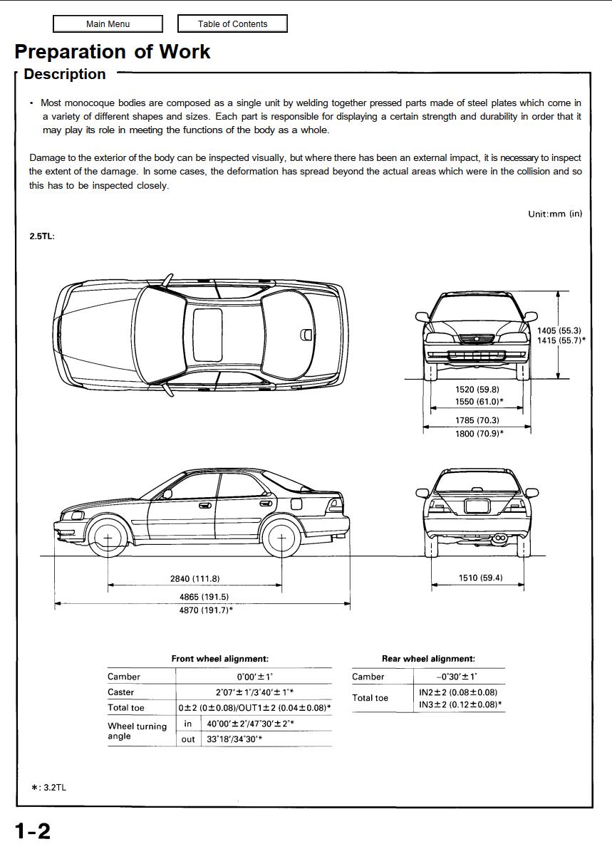 Acura TL 1995 - 1998 Body Repair Manual
