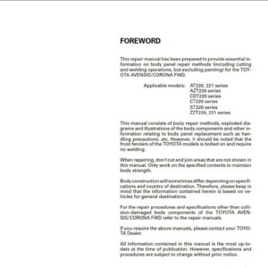 Avensis 1998 - 2002 Body Repair Manual Collision Damaged
