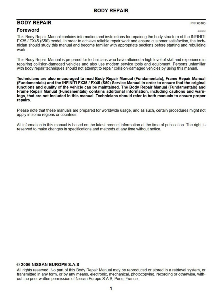 PDF ONLINE - Infiniti FX35 FX45 S50 EBRM Electronic Body Repair Manual ...