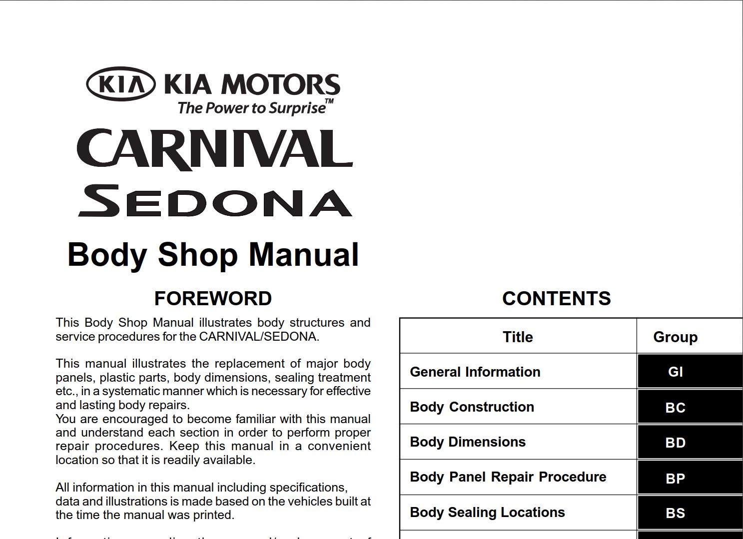 Kia Carnival 2006 Body Shop Manual
