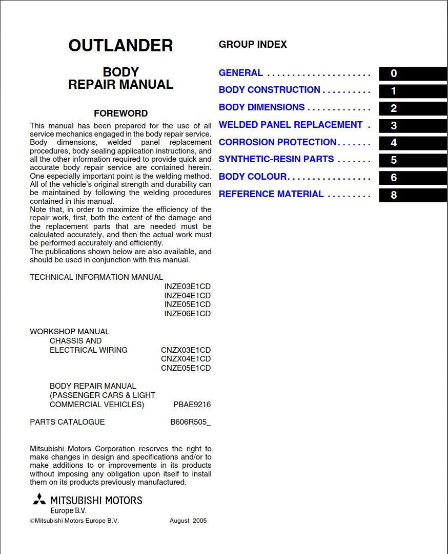 Mitsubishi Outlander 2006 Body Repair Manual