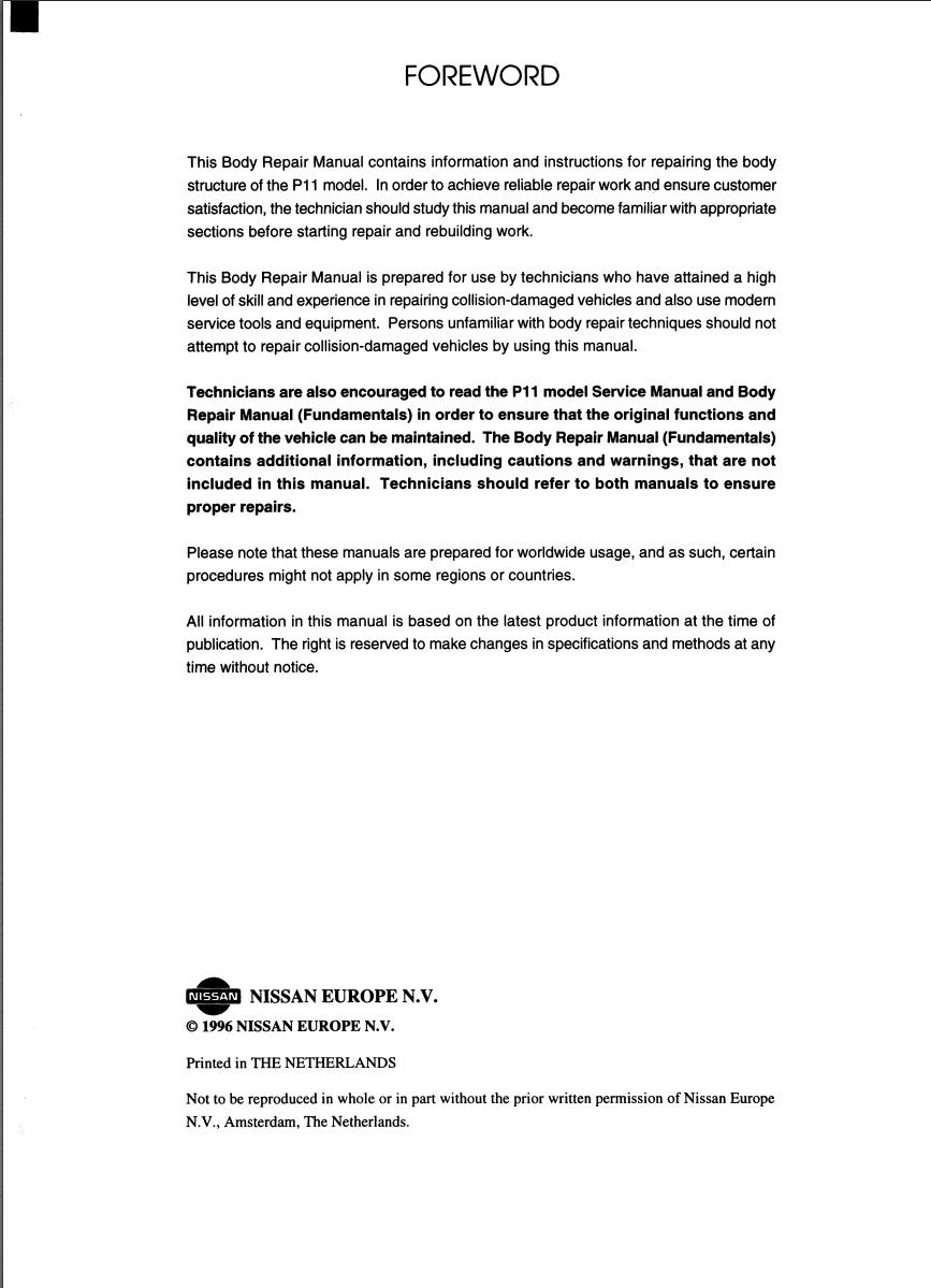 Nissan P11 Sedan Hatchback Body Repair Manual