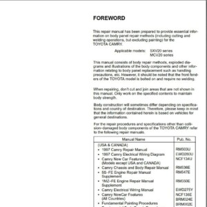 Toyota Camry 1997 - 2001 Body Collision Repair Manual